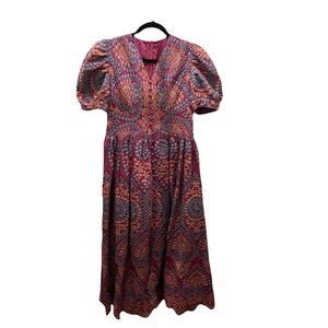 ChicWish Eyelet Embroidered Floral Puff Sleeve Midi Dress V Neck Womens Size M